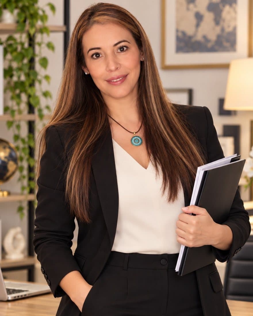 Ruth Elena de pie junto a su escritorio, con un expediente en la mano